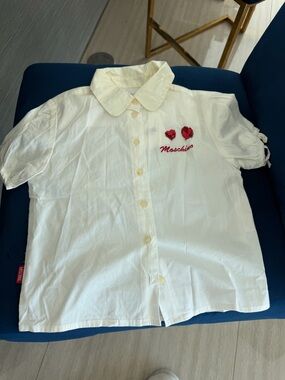 Moschino Kids White Button Shirt with Red Heart Embroidery